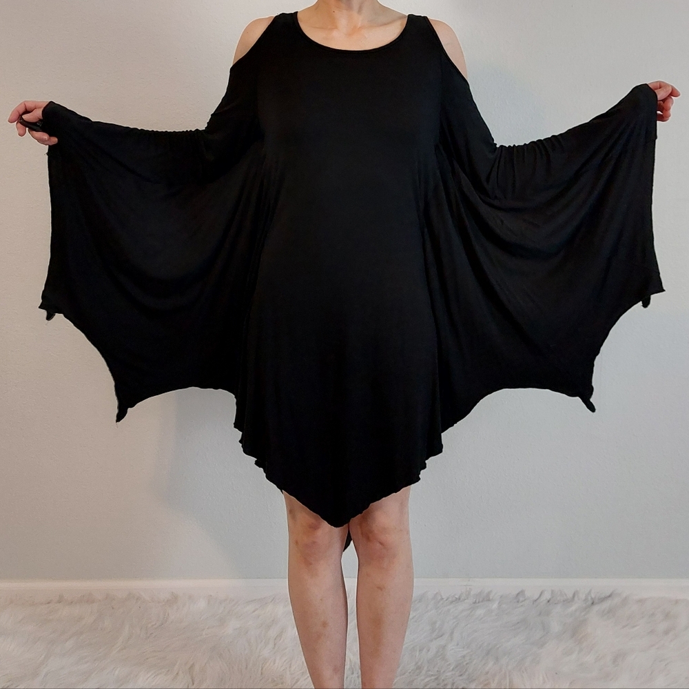 Devil Fashion Mall Goth Black Cold Shoulder Batwing Dress Size Small